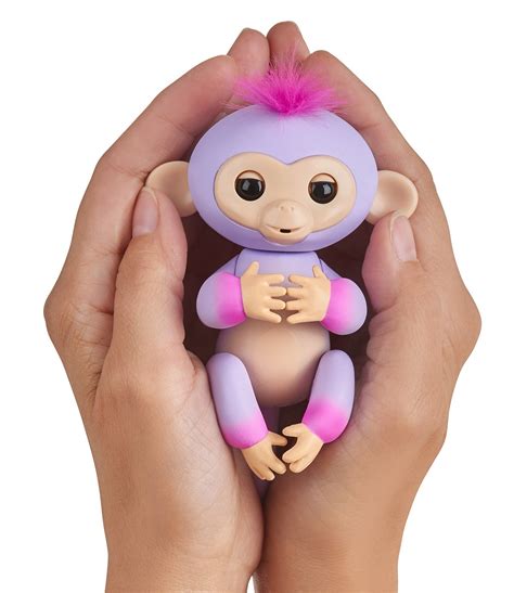 Features. Contents: 1 x Fingerlings Baby Monkey Harmony & Instruction Sheet. Dimensions: 4.5L x 8.5W x 9H cm. Monkey figure features unique voice & personality with over 70 sounds & reactions. Figure reacts to your touch through sensors on their head, mouth and belly. Fingerlings now have fuzzy fur on their head and a posable tail. 